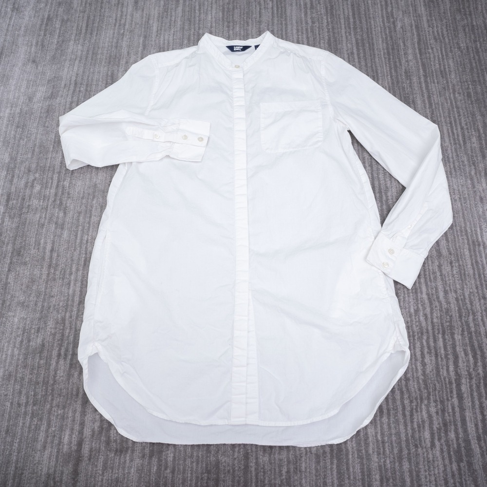 Lands End Womens White‎ Cotton Band Collar Tunic Shirt Medium Tall 10-12